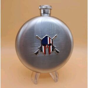 Round 5oz Flask with American Patriot Warrior  Medallion, Stainless Steel, New